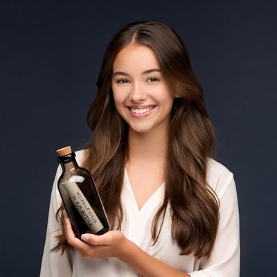 Young woman holding message in bottle