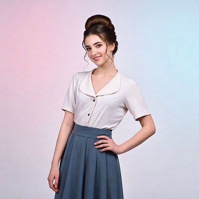 Smiling woman in white blouse navy skirt