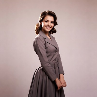 Smiling woman in vintage gray dress