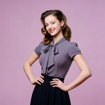 Smiling pin-up woman in vintage blouse skirt