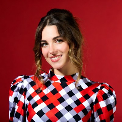 Smiling woman in plaid blouse
