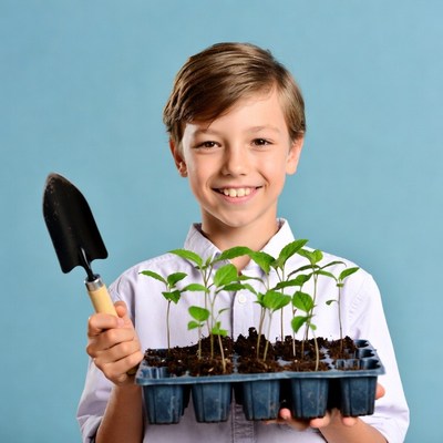 Boy holding seedling tray with trowel