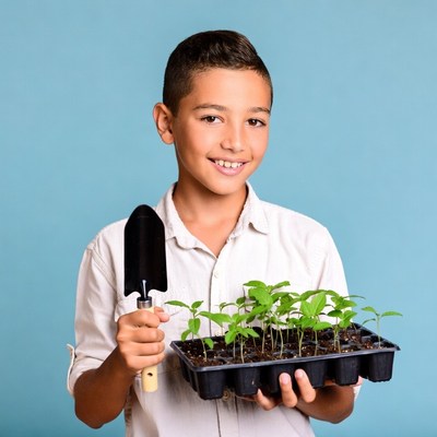 Boy holding seedlings and trowel