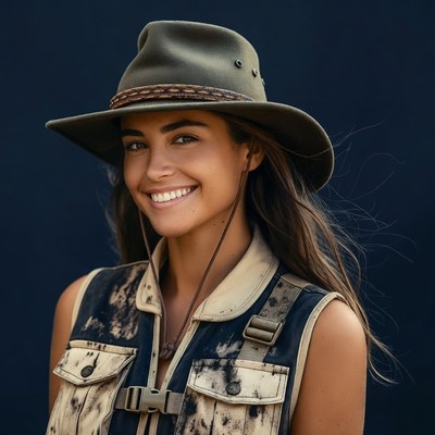 Woman wearing Akubra hat and vest