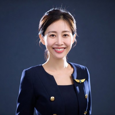 Asian woman in navy flight attendant uniform