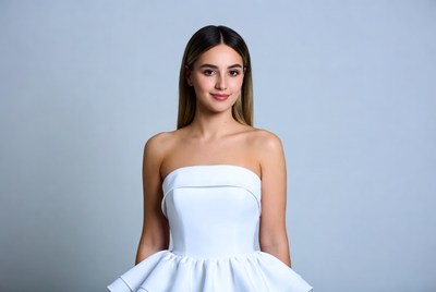 Woman in white strapless ruffle dress