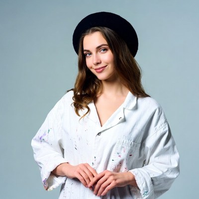 Woman in black beret and paint-splattered shirt