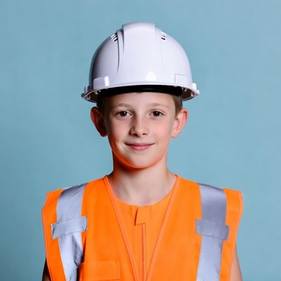 Boy wearing hard hat and vest