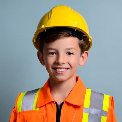 Boy wearing yellow hard hat and orange vest