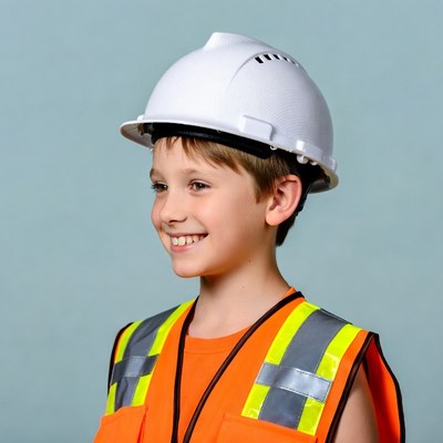 Boy wearing hard hat and vest