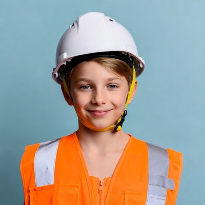 Boy wearing hard hat and vest