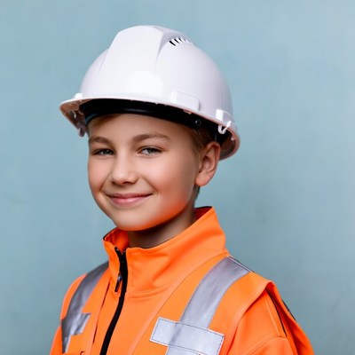 Boy wearing hard hat and hi-vis jacket