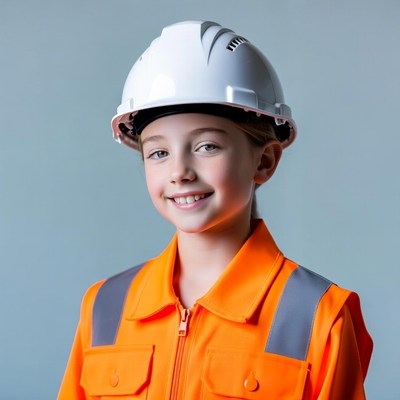 Girl wearing hard hat and hi-vis vest