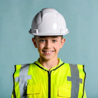 Boy wearing hard hat and hi-vis vest