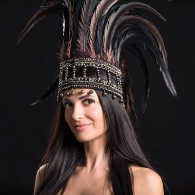 Woman wearing feathered headdress