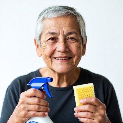 Elderly Asian woman holding spray bottle sponge