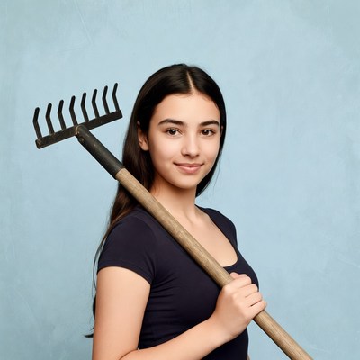 Young woman holding garden rake