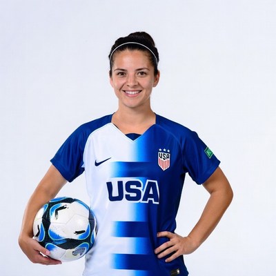 Woman in USA soccer jersey holding ball