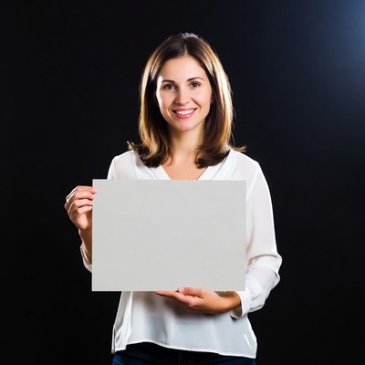 Smiling woman holding blank sign