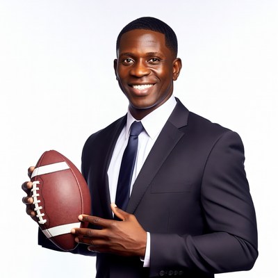 African-American man in suit holding football