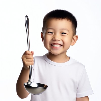 Asian boy holding ladle