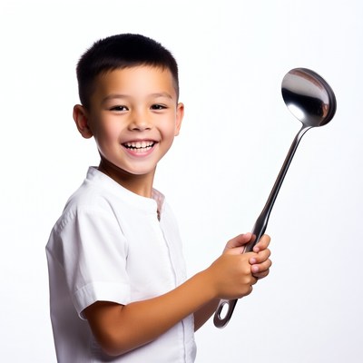 Asian boy holding ladle