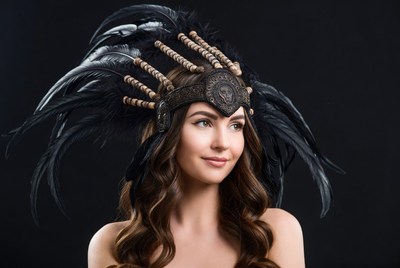 Woman wearing feathered Native headdress