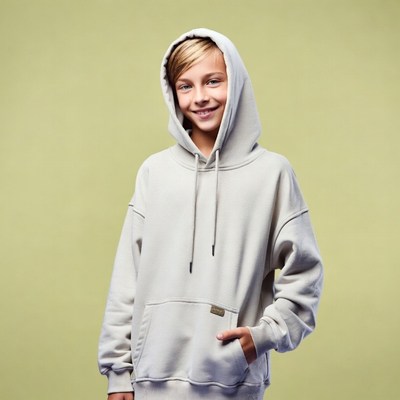 Boy smiling in gray hoodie