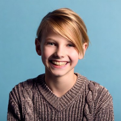 Smiling girl in cable-knit sweater