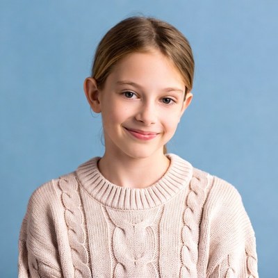 Girl smiling in beige sweater