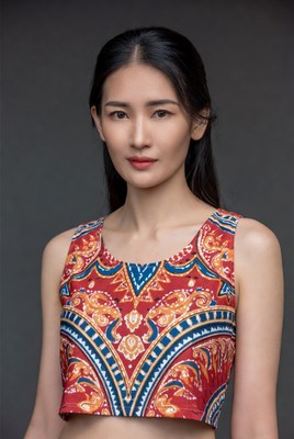 Asian woman in red batik crop top