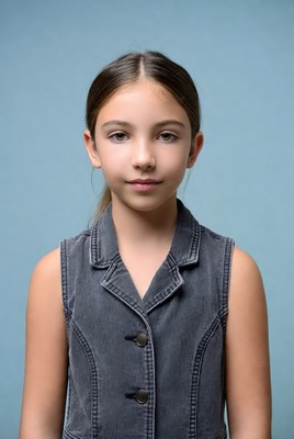 Girl in gray vest against blue background