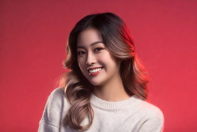 Asian woman smiling on red background