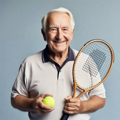 Elderly man holding tennis racket and ball