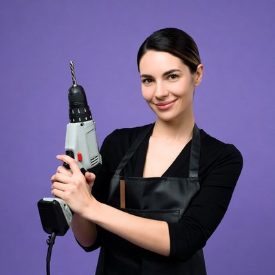 Woman holding drill on purple background