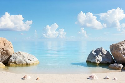 Tropical beach with rocks and shells