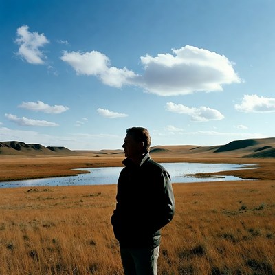 Man silhouetted by lake in steppe