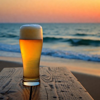 Beer Glass on Beach at Sunset