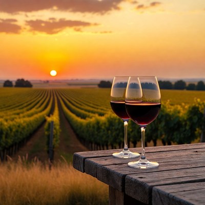 Red wine glasses at vineyard sunset