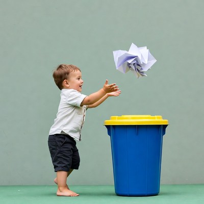 Toddler reaching for paper in blue bin