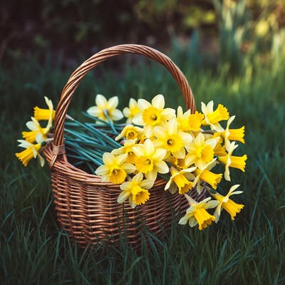 Basket of Yellow Daffodils on Grass