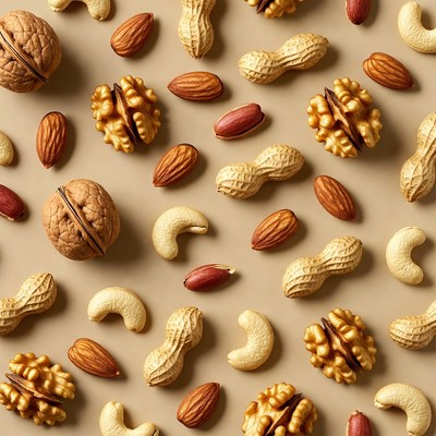 Mixed Nuts Scattered on Beige Background