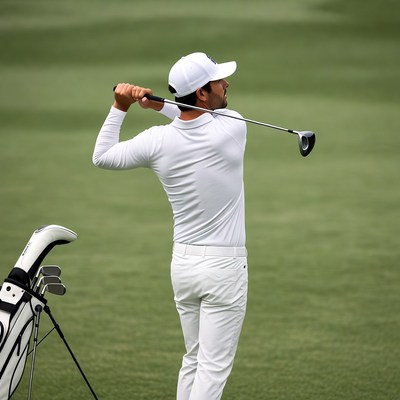 Man swinging golf club on green