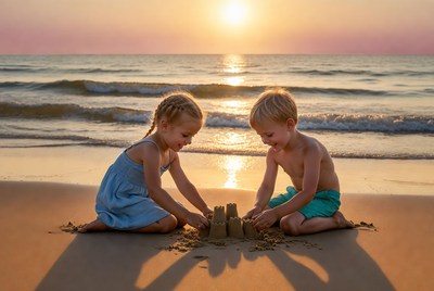 Boy and Girl Building Sandcastle at Sunset Beach