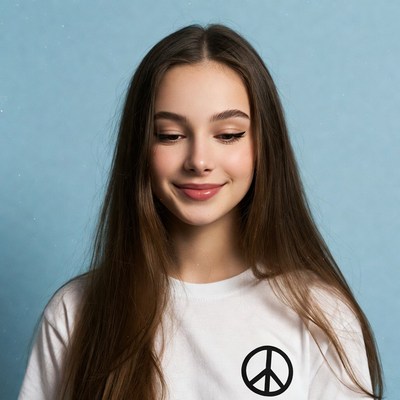 Teen girl smiling with peace sign shirt