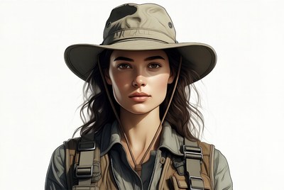 Woman in khaki hat and vest