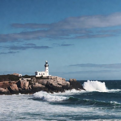 White lighthouse on rocky coast