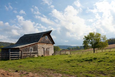 Old Wooden Barn in Green Field