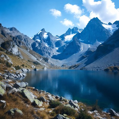 Alpine Lake Amid Snowy Peaks