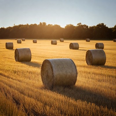 Hay bales in golden field sunset